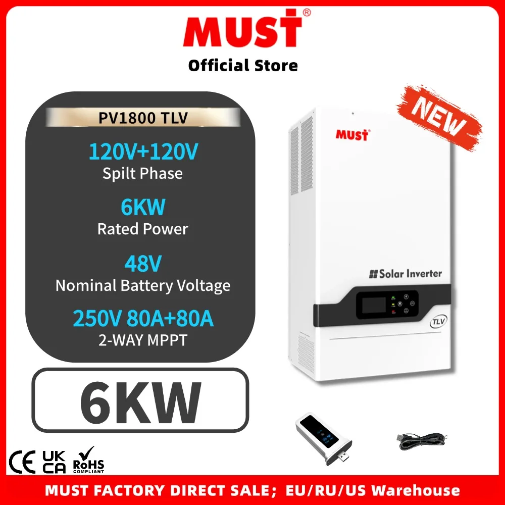 محول شمسي هجين ذو مرحلة منفصلة ، MPPT ، PV1800 ، TLV ، 6 كيلو وات ، 48 فولت ، V ، V ، V ، مخرج تيار متردد ، 1500 V ، شاحن 80A
