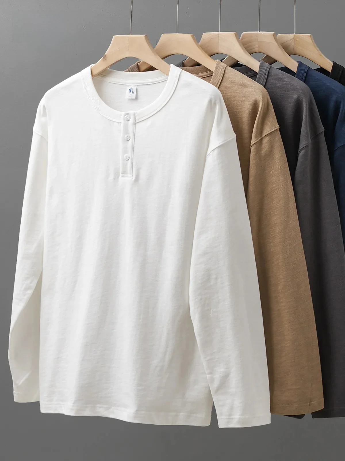 Dukeen 320G schweres T-Shirt aus 100 % Baumwolle mit Henley-Ausschnitt für Herren, langärmelig, Frühling und Herbst, lässige Oberteile, einfarbige Unterhemden