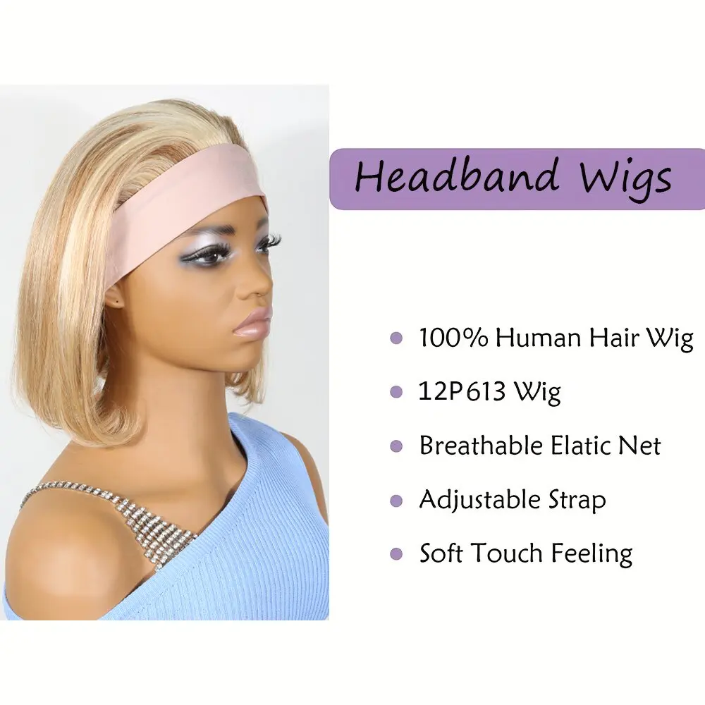 Brazilian 100% Human Hair Straight Hair Short Bob Wigs Headband Wig 12P613 Color ,150% Density, Beginner-Friendly Wig for Women
