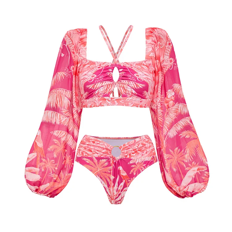 2024 Sexy Long-sleeved Bikini  Set Tropical Jungle Print Swimsuit and Sarong  Summer Swimwear Women Beachwear Bathing Suit