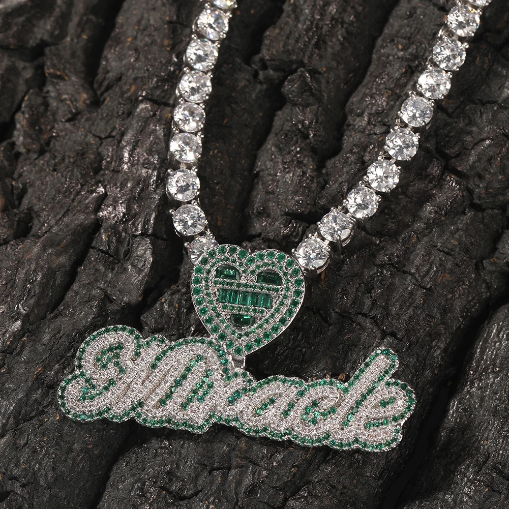 Imagem -05 - Tbtk Personalizado Nome Colar Bolha Carta Baguettecz Coração Fecho Iced para Fora Verde Branco Zircônia Cúbico Pingente Corrente Hiphop Jóias