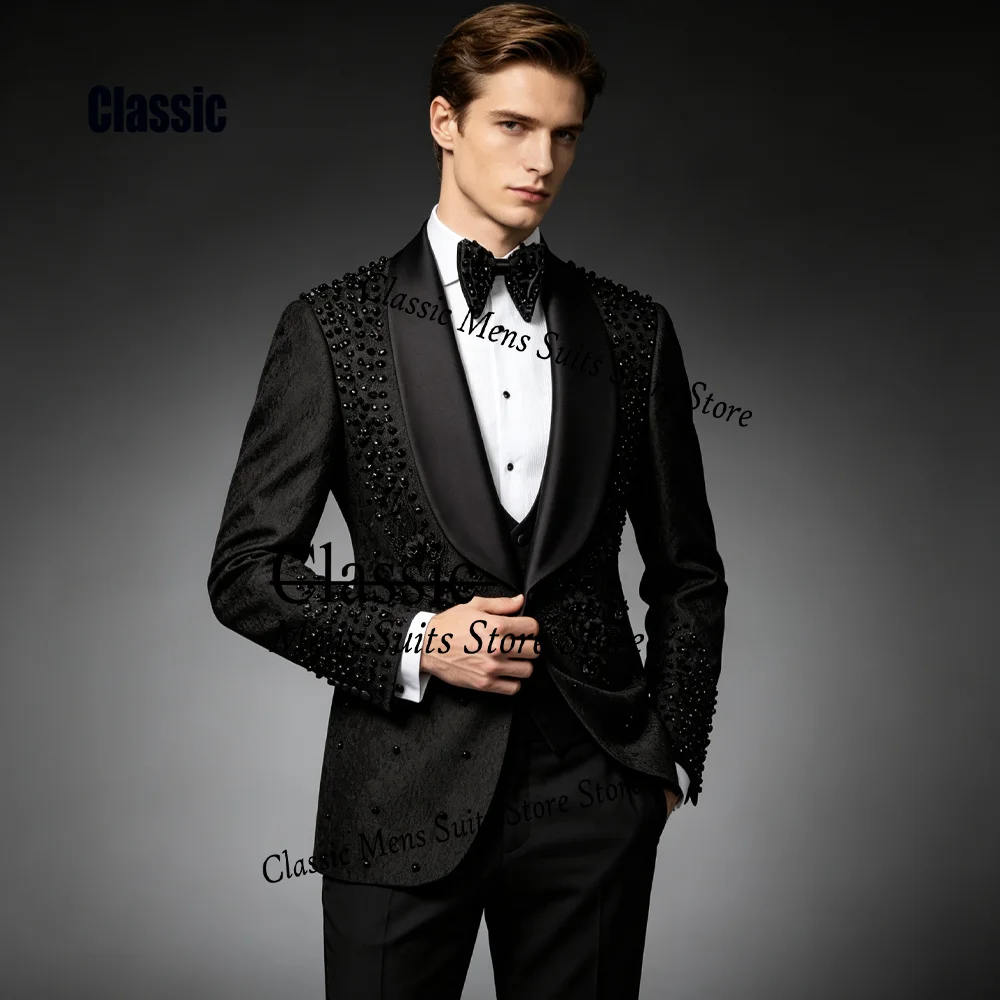 Customized Formal Corset Men Suit Gorgeous Sequin Gem For Wedding Groom Male Prom Party Glitter Blazer 3 Pieces Set Tuxedos Slim