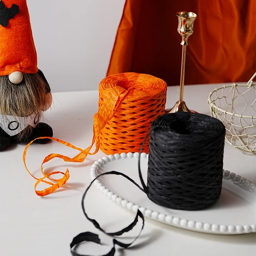 Roll (200 meter) Paper Rope Black Orange Paper Twine Raffia Rope Paper Ribbon, Straw Rope, Paper String, Packing Gift Wrap, Wedd