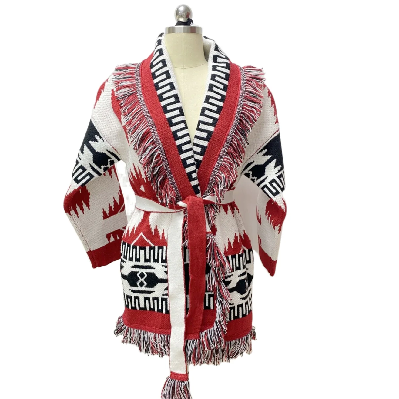 HIGH QUALITY Ethnic Boho Gypsy Bohemian Stylish Women\'s Cashmere Wool Jacquard Print Fringed Belted  Wrap Cardigan In Red