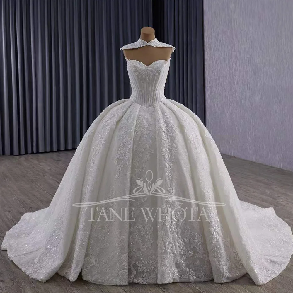 New Lace Wedding Dress Sweetheart Lace Up Back Crystal Sequins Detachable Neck Classic Bridal Dress