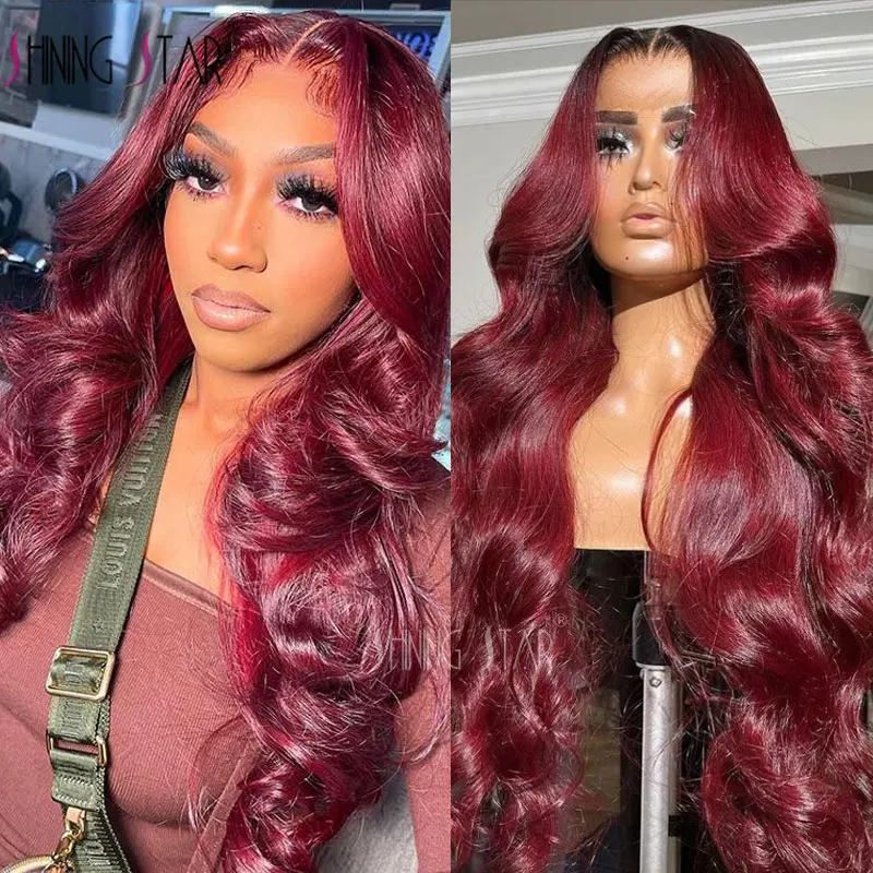 

99J Wigs Easy Go New Glueless 13X1 Lace Closure Wig Body Wave Curly 13X4 Hd Transparent Lace Front Human Hair Wig Burgundy