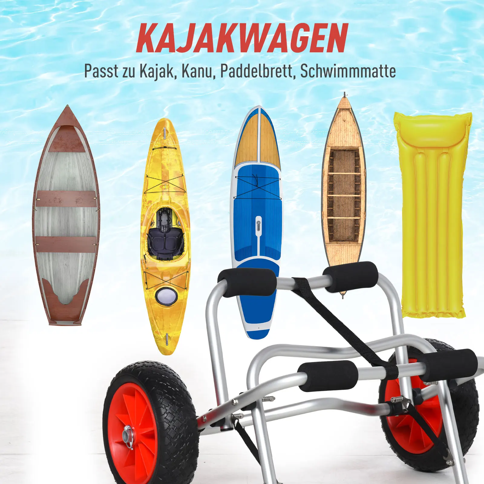 Chariot de transport pour kayak en aluminium, 2 variantes, pneus pneumatiques, coussin en mousse, sangle pour kayak, canoë, SUP, paddleboard