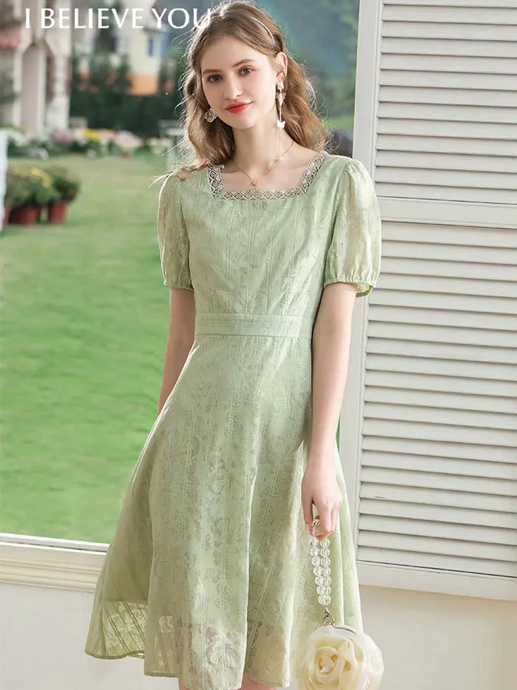 

I BELIEVE YOU Dresses For Women 2024 French Square Collar High Waist Midi Dress Puff Sleeves A-line Women's Dresses 2222094461