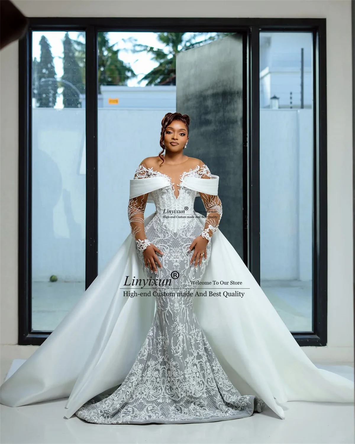 Elegant Lace Appliques Mermaid Wedding Dresses With Remove Train Bridal Vestido De Novia Customized Full Sleeves Bride Gowns