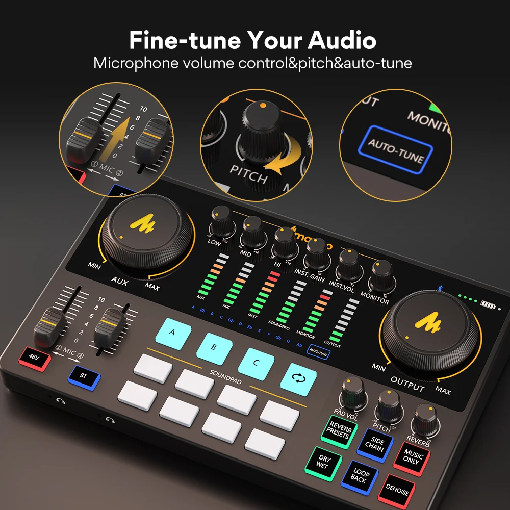 Maono AME2 Interface de áudio Placa de som DJ Mixer Tudo em um estúdio de podcast portátil para gravação, streaming ao vivo, YouTube, guitarra, PC