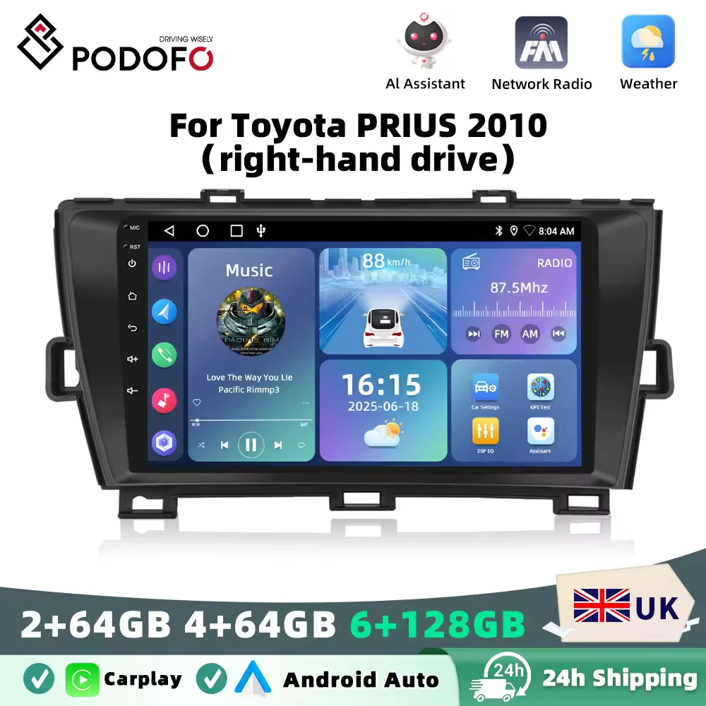 Podofo 6G+128G Android Toyota PRIUS（Right-Hand Drive）2010 Car Radio Multimedia Video Player GPS Stereo Carplay Auto Stereo