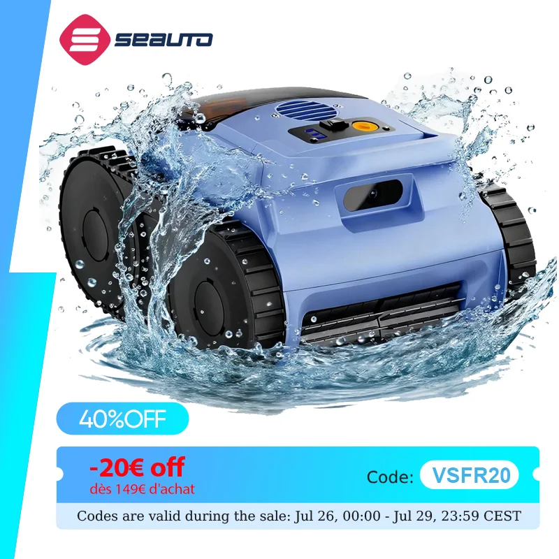 Robot nettoyeur de piscine sans fil Seauto SAT 25, équipé du système Trace Drive et de la navigation sonar. Autonomie de 180 minutes, capable de grimper sur les parois de la piscine.