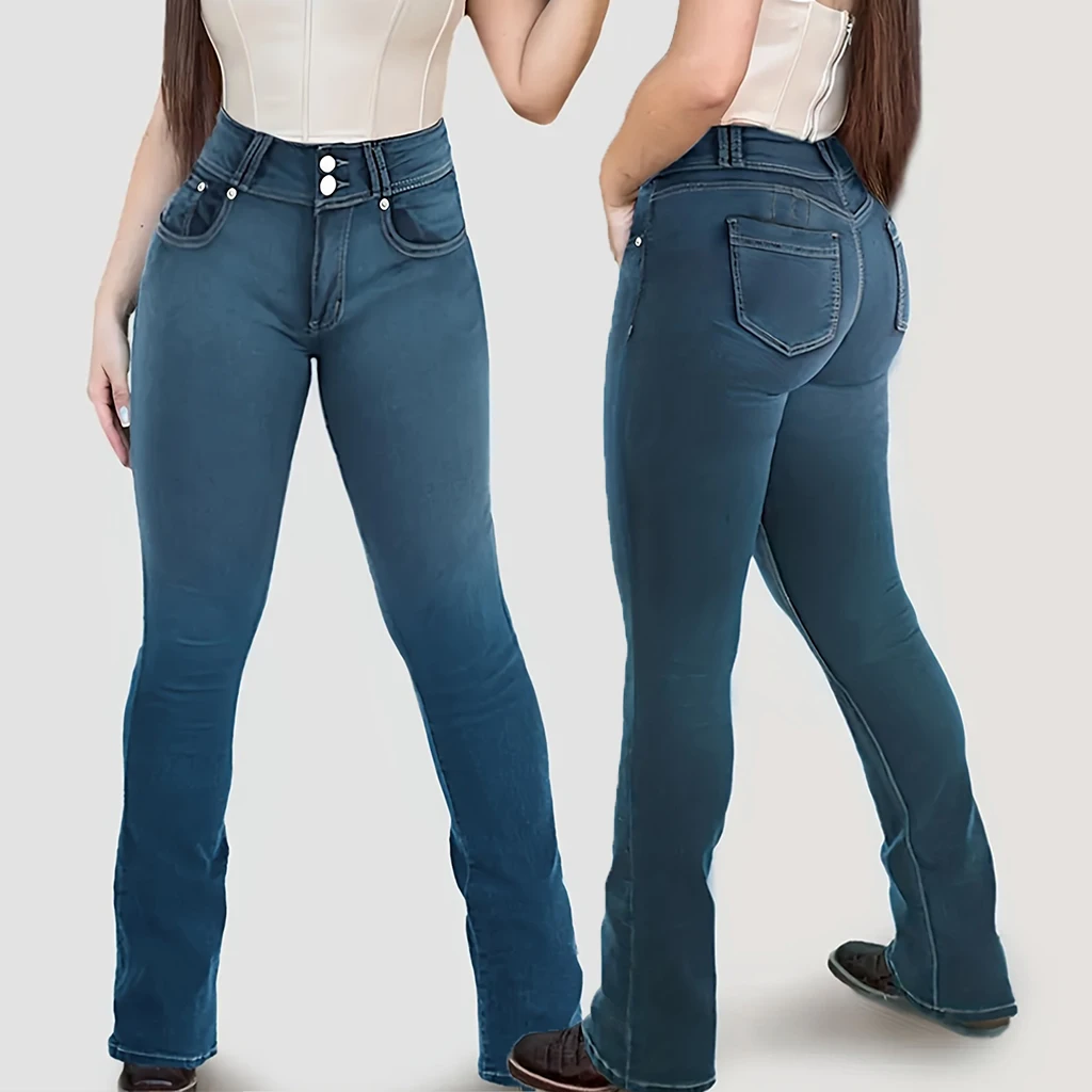 Jean Bootcut extensible taille haute pour femme, pantalon décontracté en Denim délavé à Double bouton et jambe droite