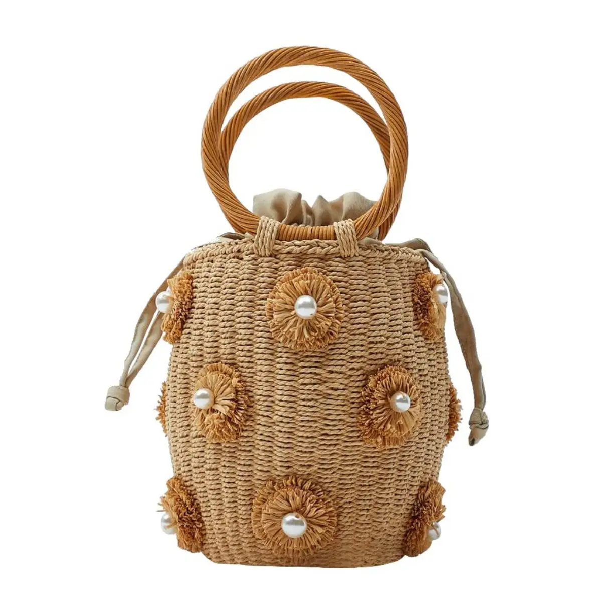 

Flower Pearls Rattan Tote Bag Summer Beach Drawstring Straw Bucket Bag Diamonds Woven Handbag