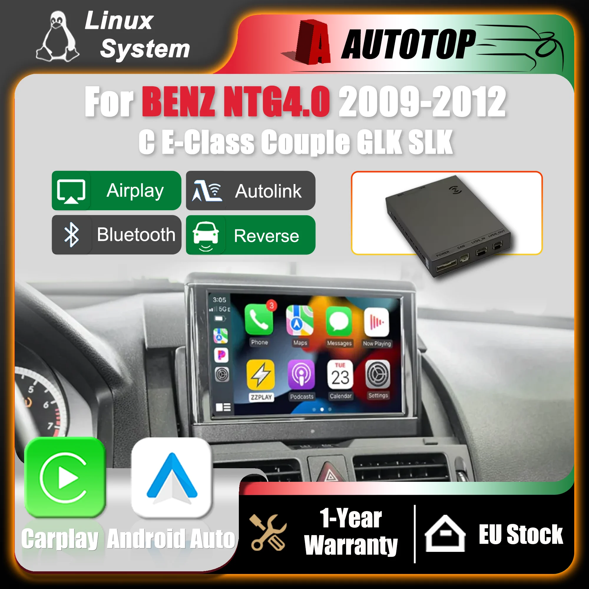 Boîtier adaptateur d'interface CarPlay Android Auto sans fil pour Mercedes Benz GLK W207 E Coupé W212 Classe E W204 Classe C SLK NTG 4.0 2009 2010 2011 2012, mise à niveau de l'écran d'origine, Bluetooth, AUX, USB, MirrorLink