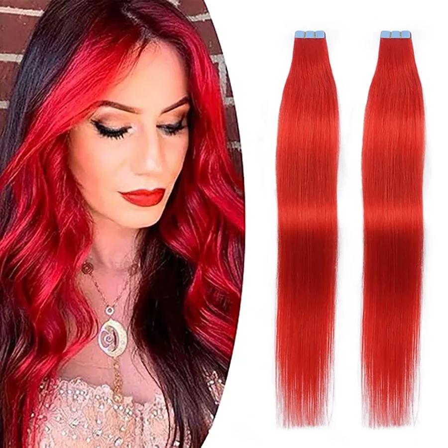 وصلات شعر ملونة شريط غير مرئي في شعر بشري حقيقي ملون لحمات جلدية سلسة شعر مستقيم 12-20 بوصة