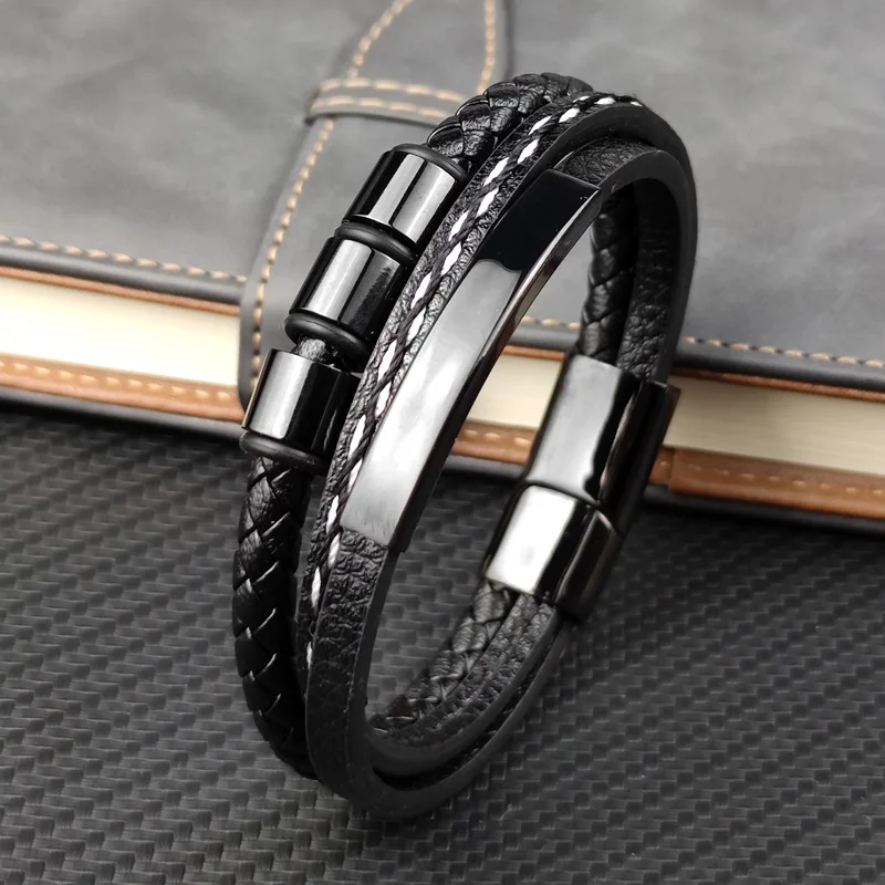 Personalized Engrave Mens Leather Rope Bracelet Father\'s Day Gift Christmas Gift For Boyfriend Husband Custom Name with Children