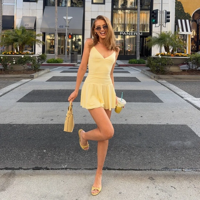 

SKMY Women Clothing 2025 Summer New Fashion Temperament Sleeveless Dress Solid Color Sexy Slim Fit Spaghetti Strap Short Dresses