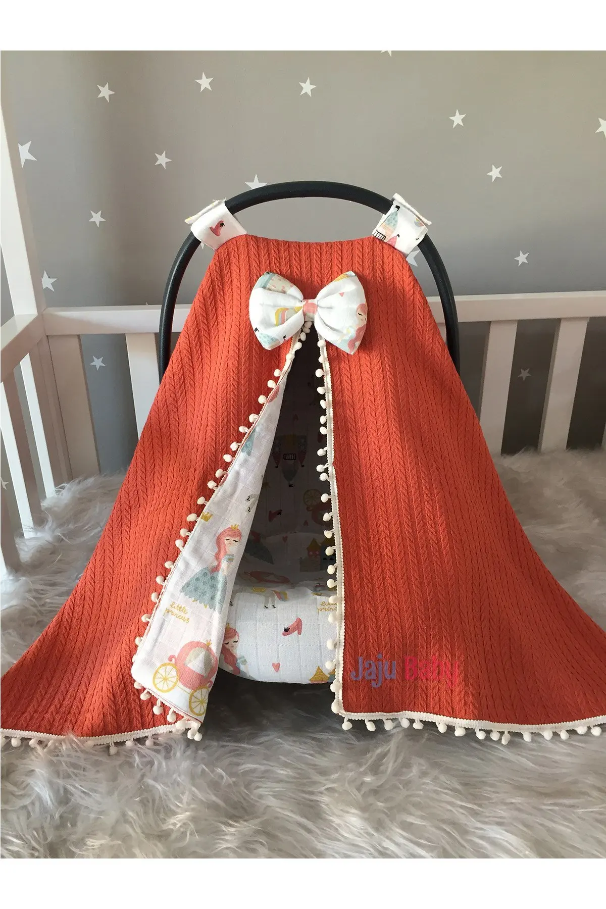 

Handmade Brick Knit and Muslin Fabric Pompom Stroller Cover and Sheet