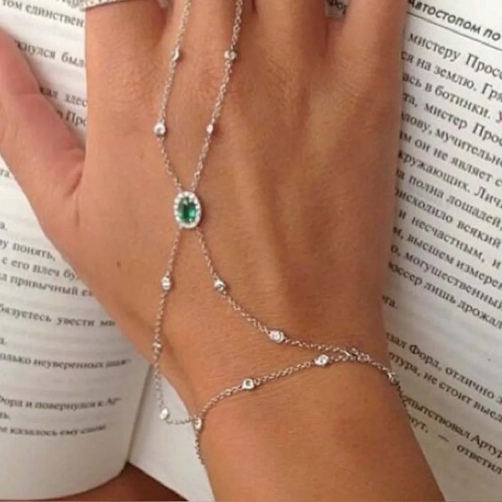 Stonefans Green Hand Jewelry Accessories 2025 Ring Rhinestone for Finger Trend Bangles Bridal Palm One Piece Wedding Bracelets