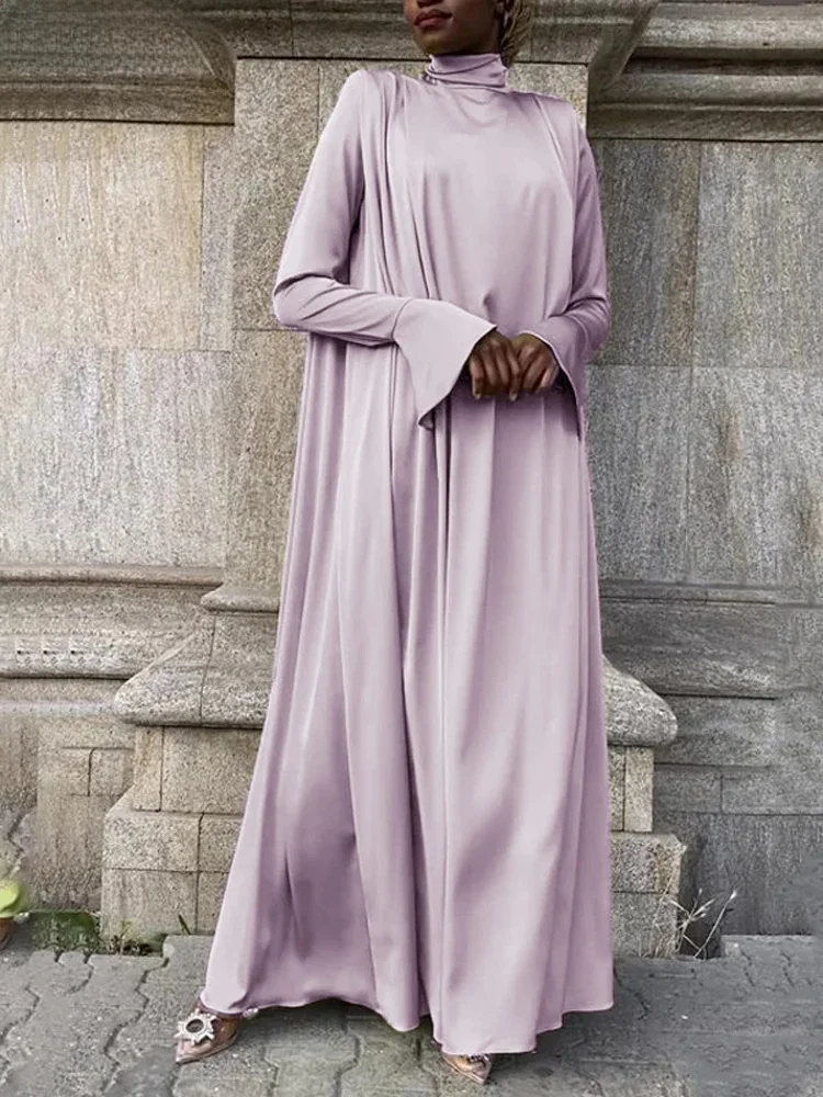 Vonda Vrouwen Maxi Jurk 2024 Elegante Uitlopende Lange Mouwen Hoge Kraag Lange Gewaden Casual Effen Kleur Vestidos Vintage Zonnejurk - afbeelding 2