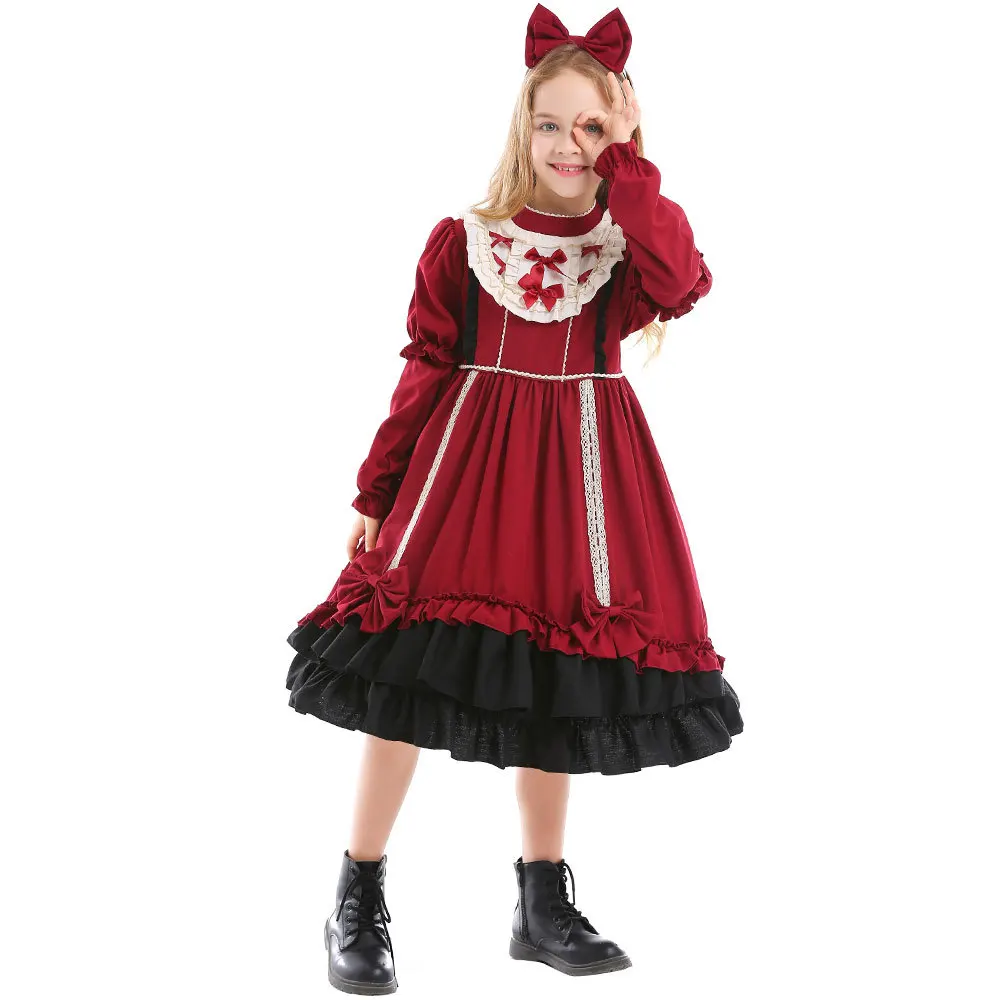 Girls Red Lolita Princess Dress Kawaii Long Sleeve Ball Gown Dress with Cute Headgear Kids Girls Birthday Party Outfits Vestidos