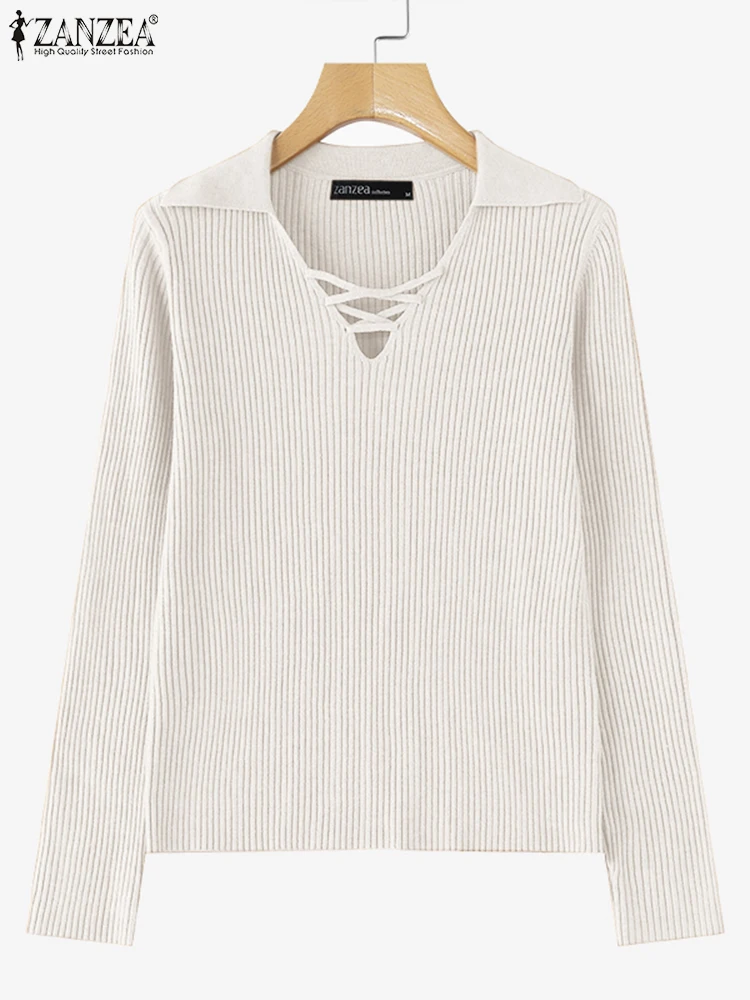 

ZANZEA Lace-Up V Neck Ribbed Knitted Jumpers Long Sleeve Commute Casual Solid Sweaters Women Autumn 2024 Fashion Pullover Tops