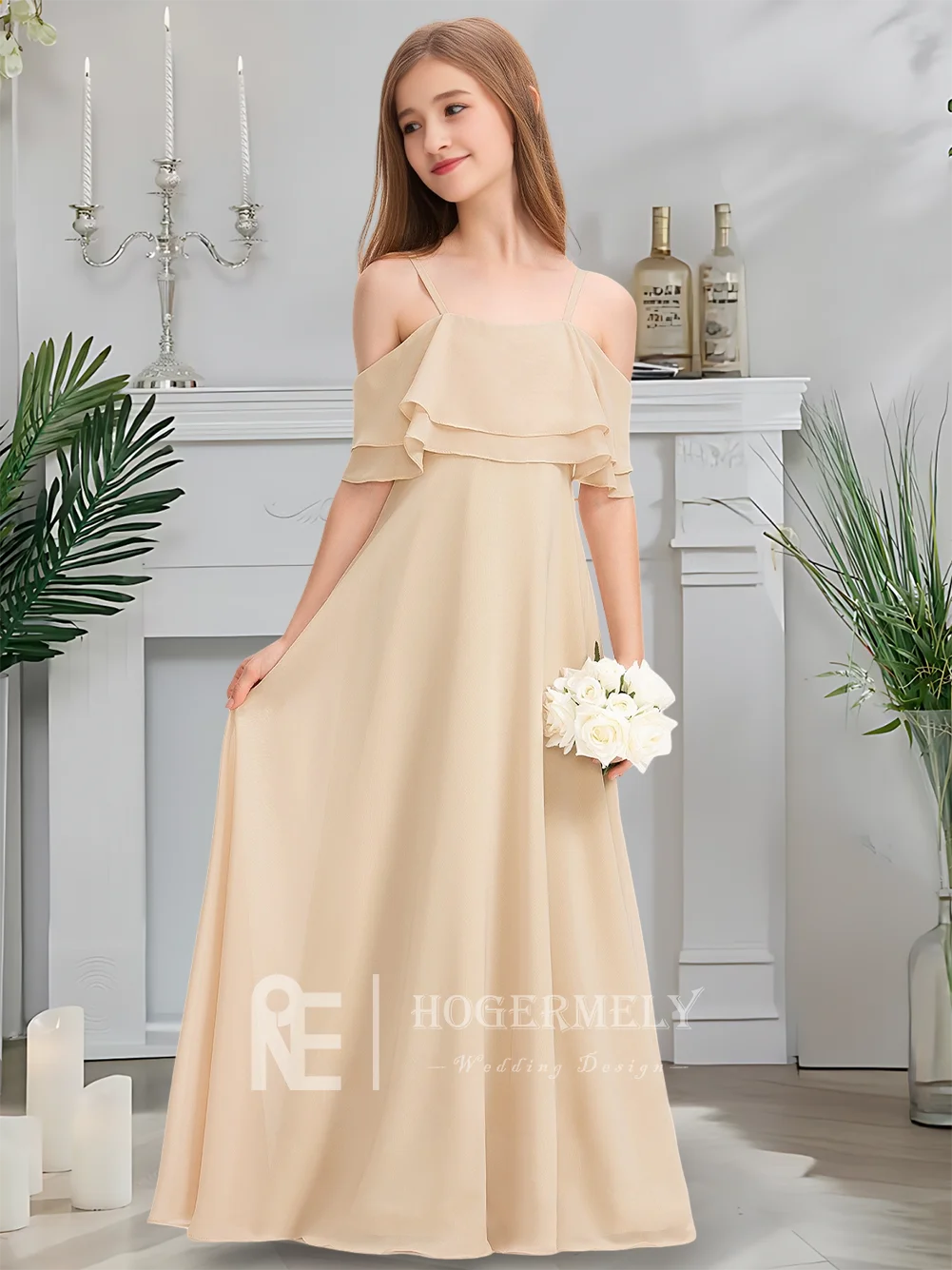 

B Cold-Shoulder Junior Bridesmaid Dress Blush Gold Flower Girl Dress Floor-Length Chiffon With Cascading Ruffles Wedding