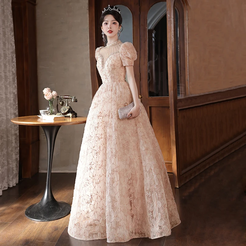 

Luxury Women Evening Dresses Long Vintage High Neck Floor-Length Backless Lace Formal Occasion Dresses For Wedding