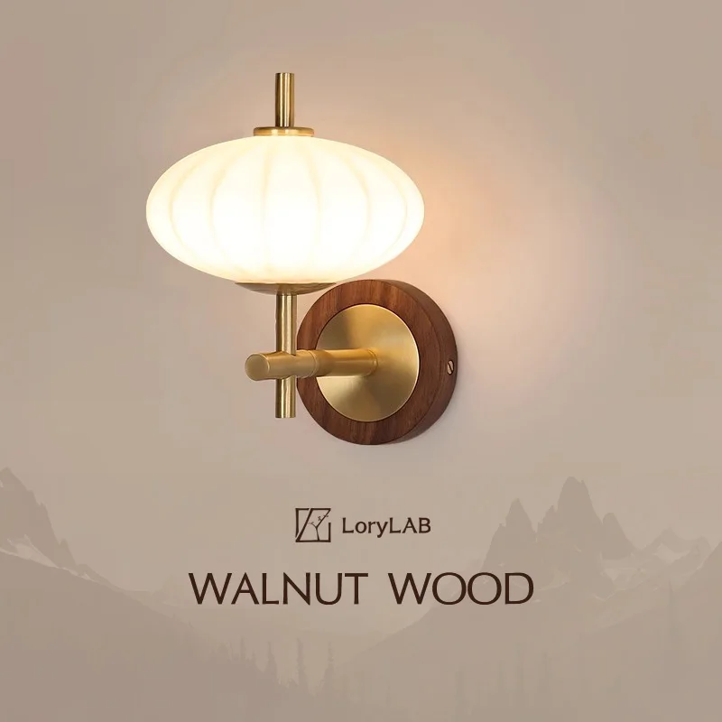 

Pumpkin Glass Creative Personality Walnut Wood Brass , Wabi-sabi Modern Style, Wall Sconce Light for Living Room, Bedroom, Study