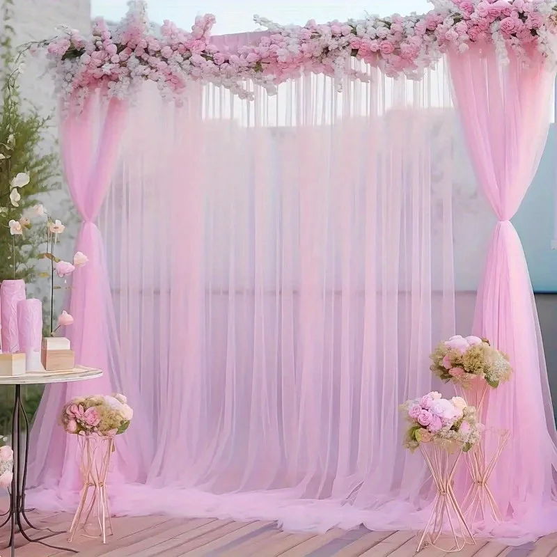 2 Stück transparente Hintergrundvorhänge – aus weichem, rosa Netzstoff, geeignet für Zeremonien, Hochzeiten, Partys und Veranstaltungen. – Detail 1