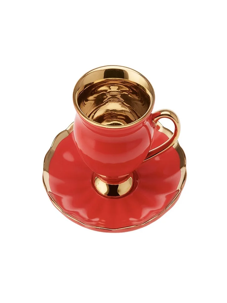 Juego de tazas de café de oro rojo de 6 tazas de café de 90 ml, 6 tazas de café turco, 6 platos de café árabe