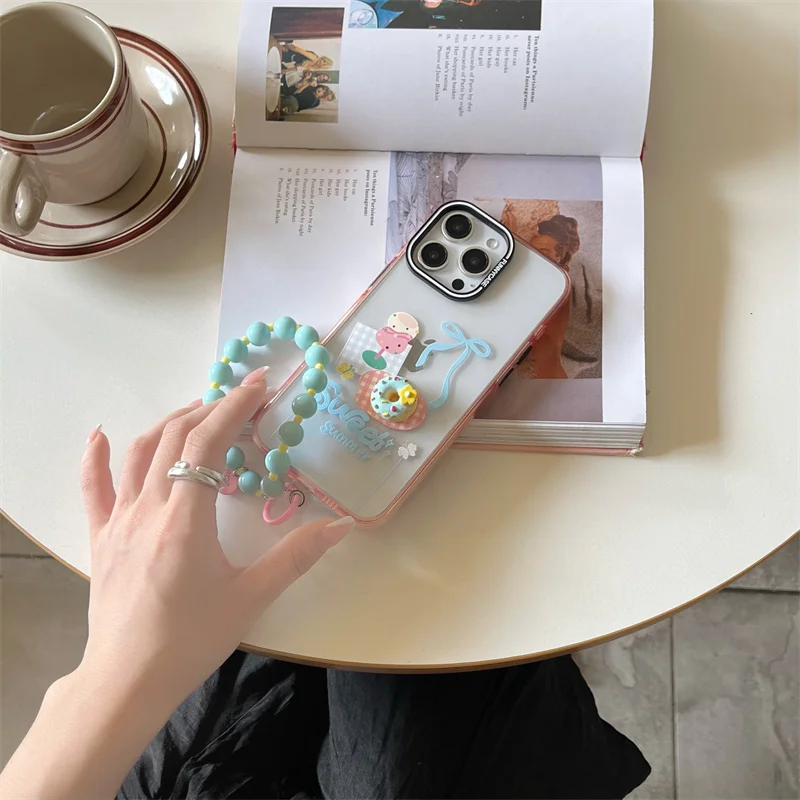 Cartoon Cute Side Three-dimensional donut for iPhone 13 14 15Pro Max with Bracelet Transparent Fall-proof Phone Case