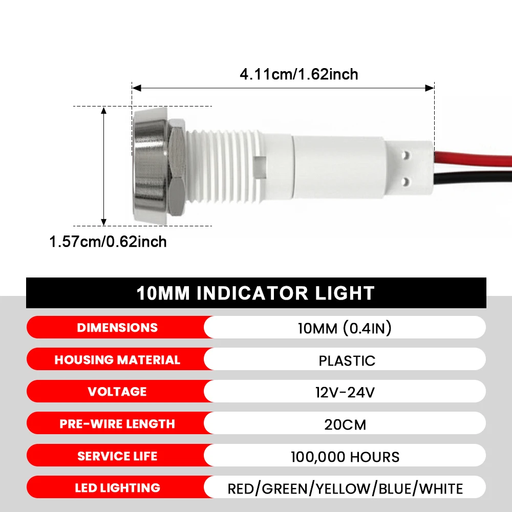 FILN 5/25 SZT. 10mm Plastikowe Lampki Kontrolne LED IP67 Wodoodporne Lampki Sygnalizacyjne 12V-24V do Samochodów, Łodzi, Deski Rozdzielczej, Lampki Sygnalizujące Zasilanie