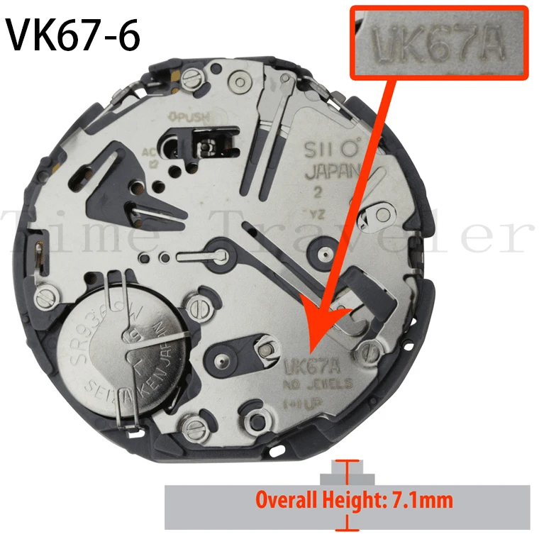 VK67 Movement TMI VK67A-6 Movement Hattori Japan Quartz Chrono Watch Movement VK67 Date At 6:00 Overall Height 7.5mm