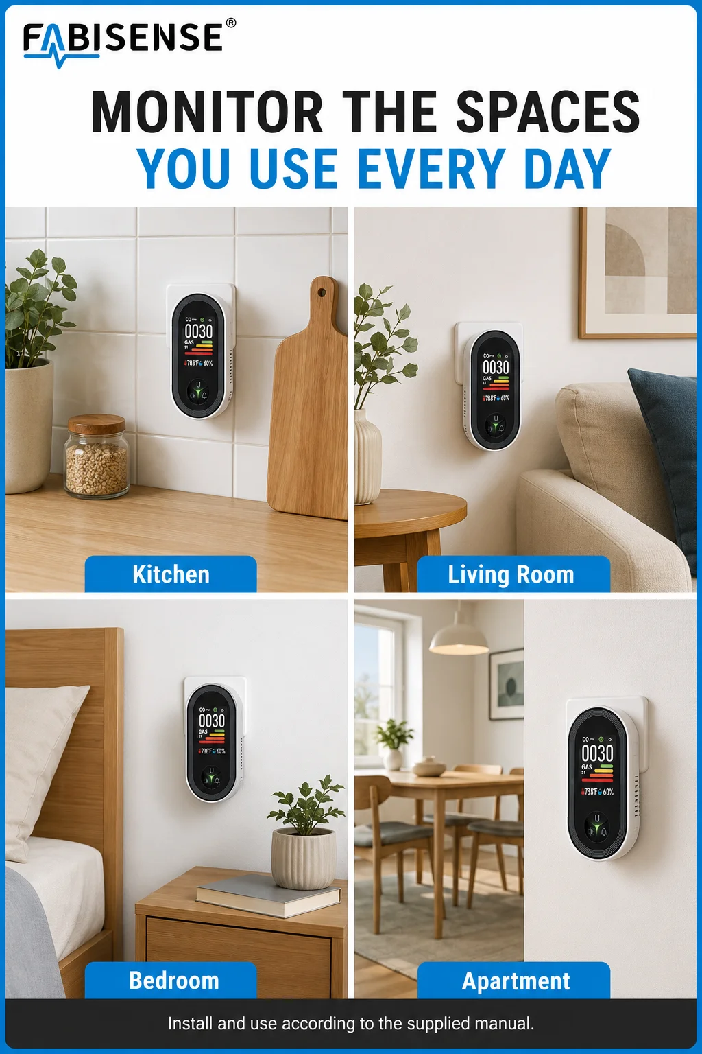 FABISENSE 4-in-1 Plug-in-Kohlenmonoxid- und Gasdetektor, CO-Alarm, Gasanalysator-Display mit Feuchtigkeits-/Temperatursensor für Zuhause – Detail 9