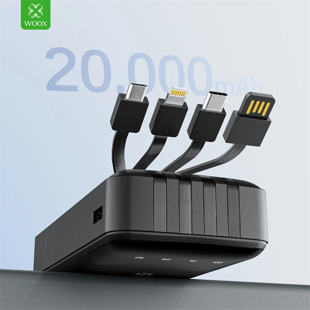 Power bank con capacità di ricarica sufficiente, 20000 mAh, qualità WOOX, 4 cavi di ricarica per smartphone (tipo C/Lightning), dotato di display a LED, batteria esterna per uso esterno con ricarica