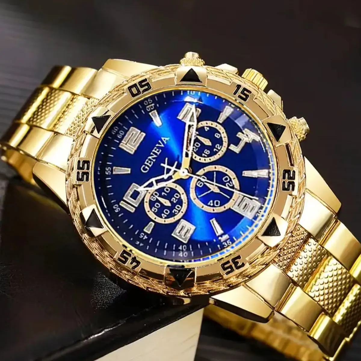 4-piece set, men's stylish large dial watch paired with a Cuban bracelet, square M pendant necklace, and ring, suitable for everyday wear, an excellent gift for him, watch box not included.
