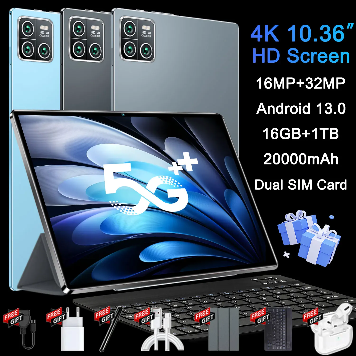 Tragbares 5G-Tablet 10,36 Zoll Android13 16GB RAM 1TB ROM 20000mAh 10-Kern Dual-SIM GPS WLAN WPS Doppelkamera Mit Tastatur