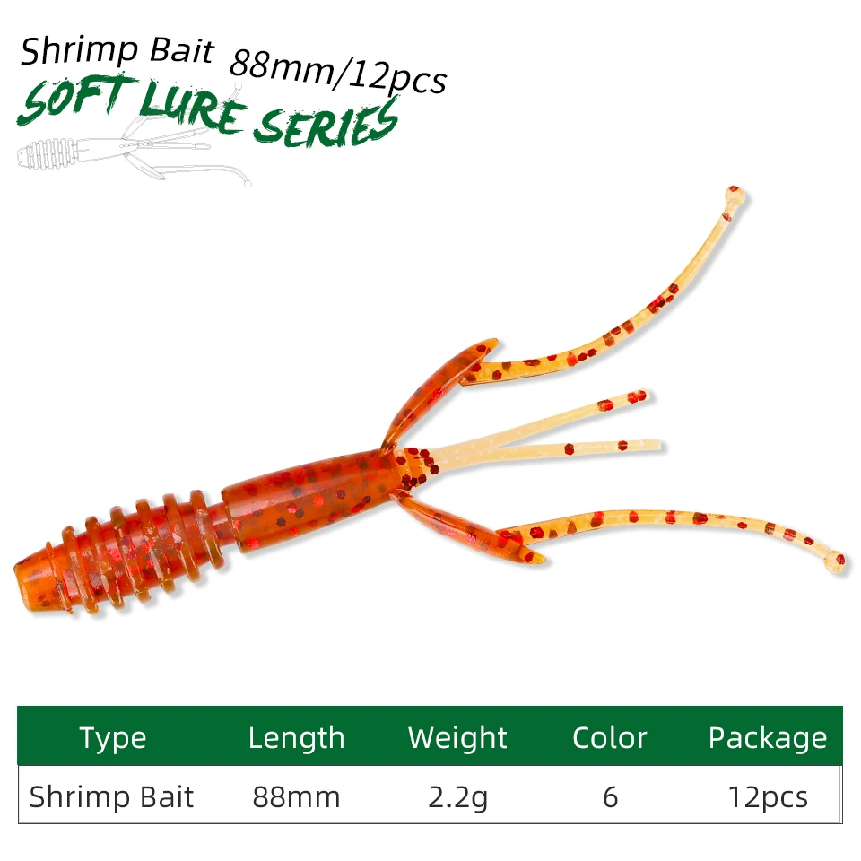 TSURINOYA 88mm Shrimp Soft Fishing Lures SL-2006 2.2g Bass Artificial Silicone Artificial Baits Wobblers Soft Worm Jig Tackle