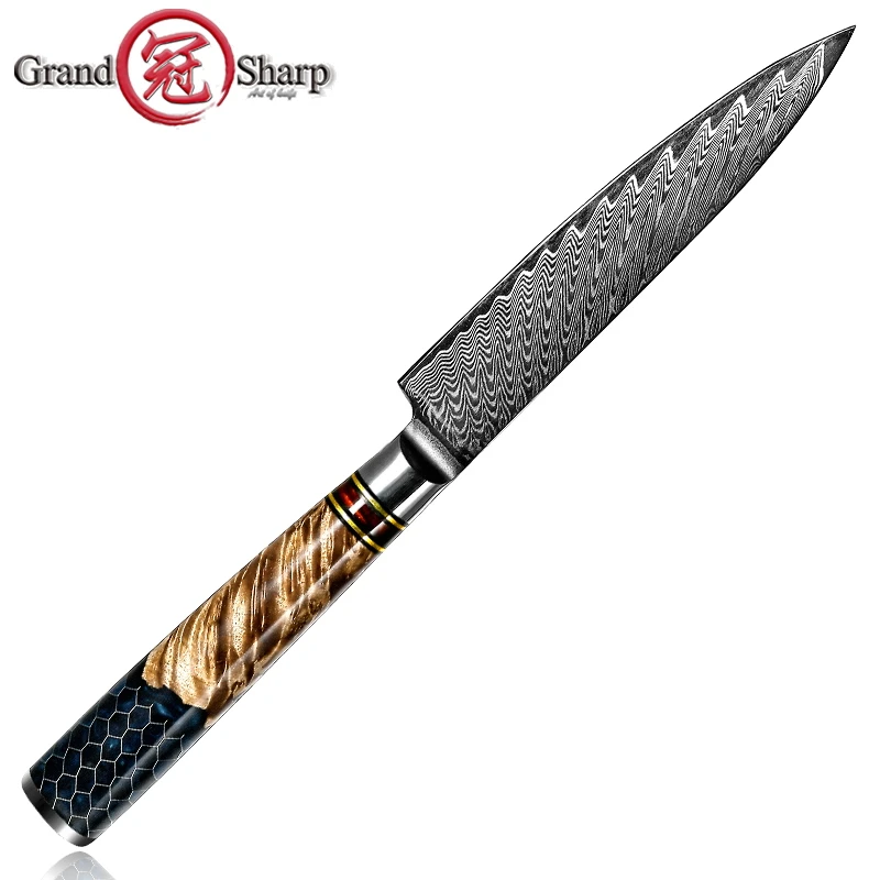 Damascus Kitchen Knife Chef Cooking Cutting Tools Utility Petty Tomato Slicing Knife Solidified Wood Honeycomb Blue Beige Handle