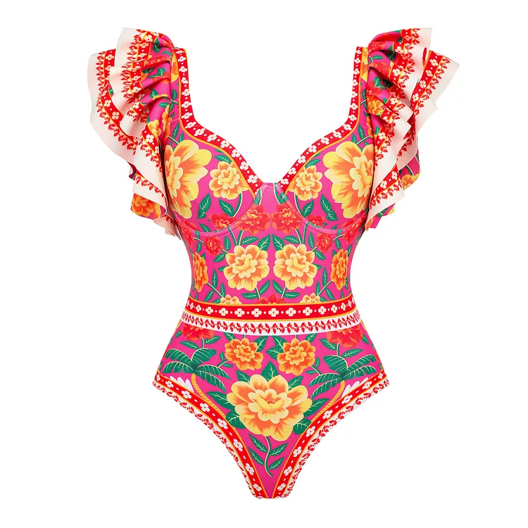 Maillot de bain une pièce à volants, imprimé fleuri rétro, jupe d'été, vêtements de plage pour femmes, nouvelle collection 2024