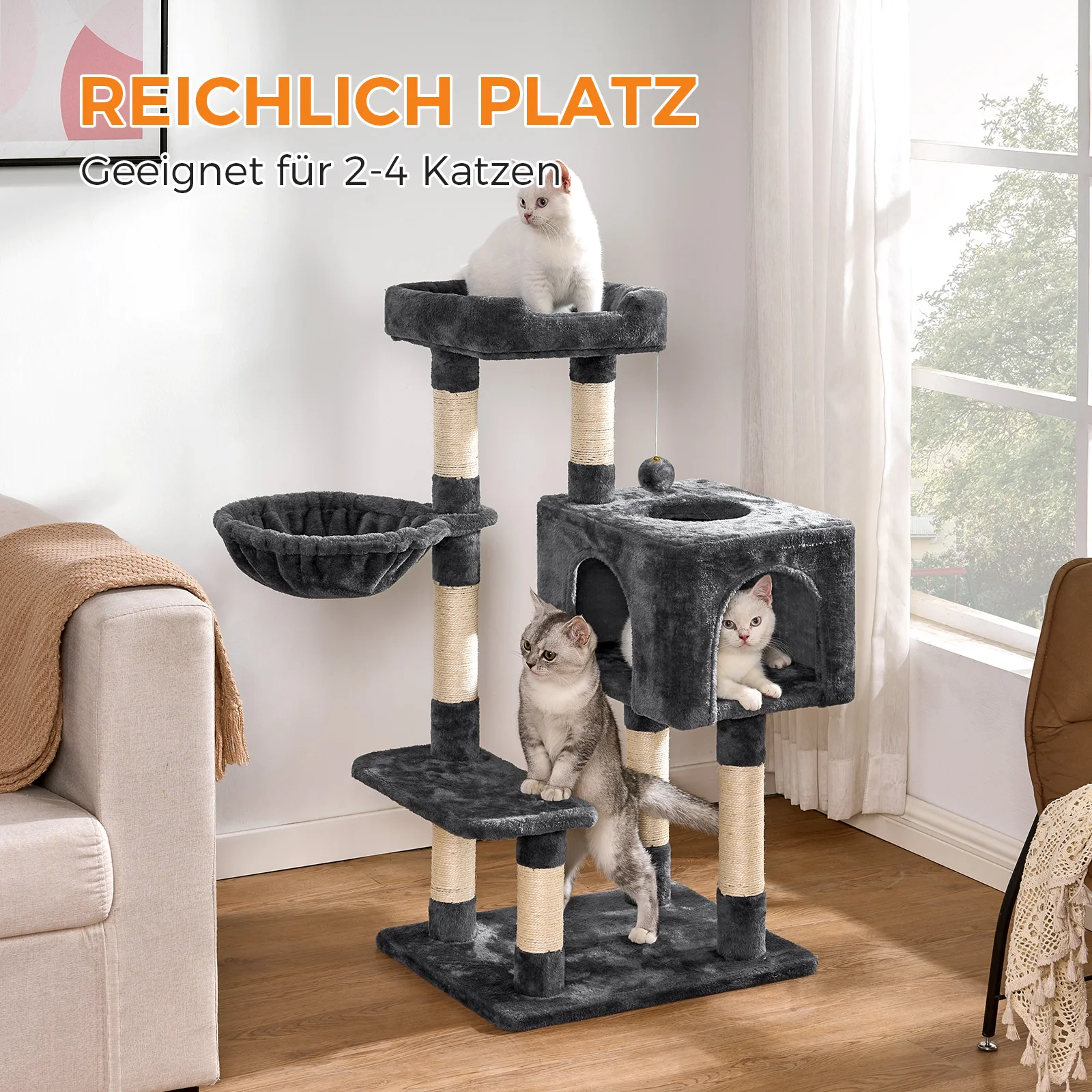 Dogat, albero per gatti multifunzionale, 98 cm, struttura robusta con ampia grotta per gatti, piattaforma per riposare, amaca, tiragraffi in sisal e palla da gioco sospesa, torre da arrampicata a più