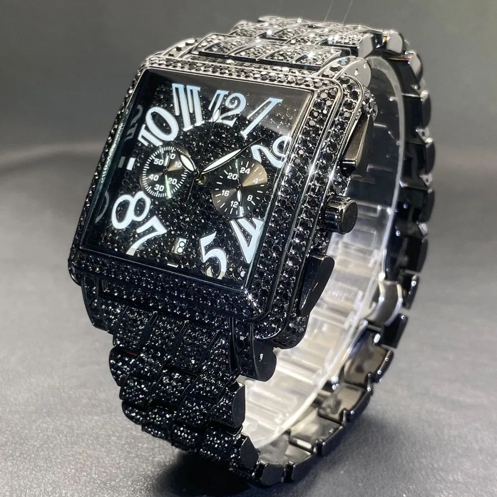 Missfox Men Iced Out Big Square Watch Full Diamond Gold Alloy Quartz Wristwatch Multifunction Chronograph Hip Hop Bling Waterproof Business Male Luxury Clock Gift