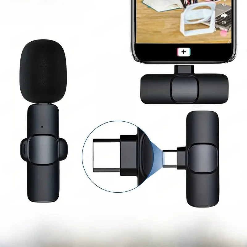 Microfone de lapela sem fio tipo C, mini microfone portátil para gravação de áudio e vídeo para