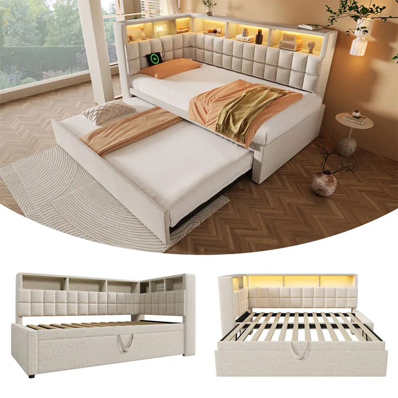 Lit coffre 90x200 avec sommier, LED et USB, lit double, tête de lit en forme de L avec rangement, cadre de lit escamotable 90x190 cm, beige, matelas non inclus, pour adultes et adolescents