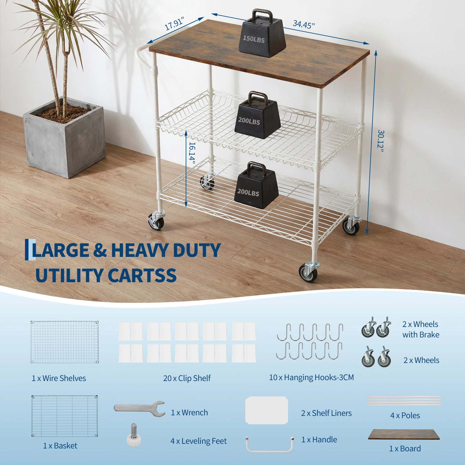 3-laags verrijdbare opbergwagen met houten blad, robuuste verstelbare draadplanken, 550LBS capaciteit, vergrendelbare wielen, 10 haken, multifunctioneel keukenopbergrek voor woonkamer, garage, buiten,