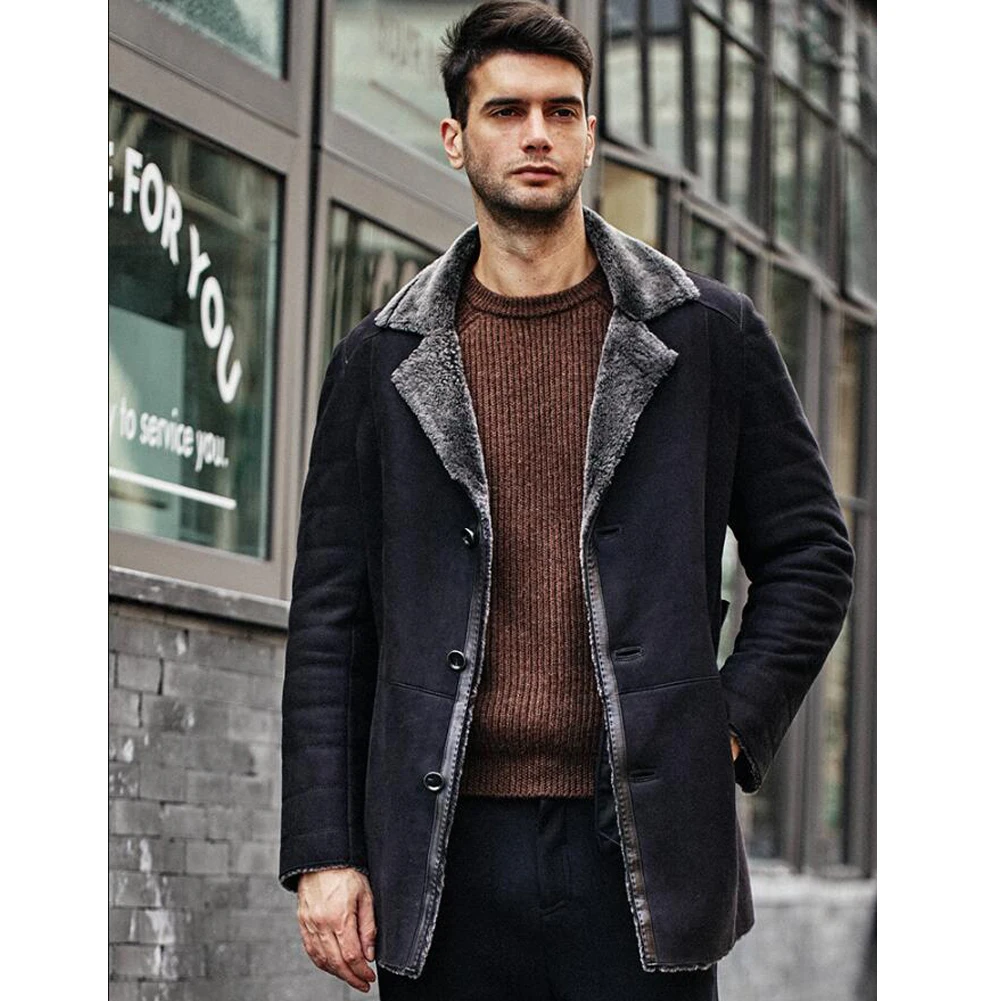 Denny&Dora Men's Shearling Jacket Mid-Length Suit Collar, Turkey Merino Sheepskin Leather Coat