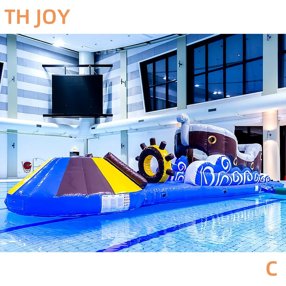 Por navio à porta, curso inflável de obstáculos de água flutuante, curso de obstáculos inflável comercial de navio pirata na piscina