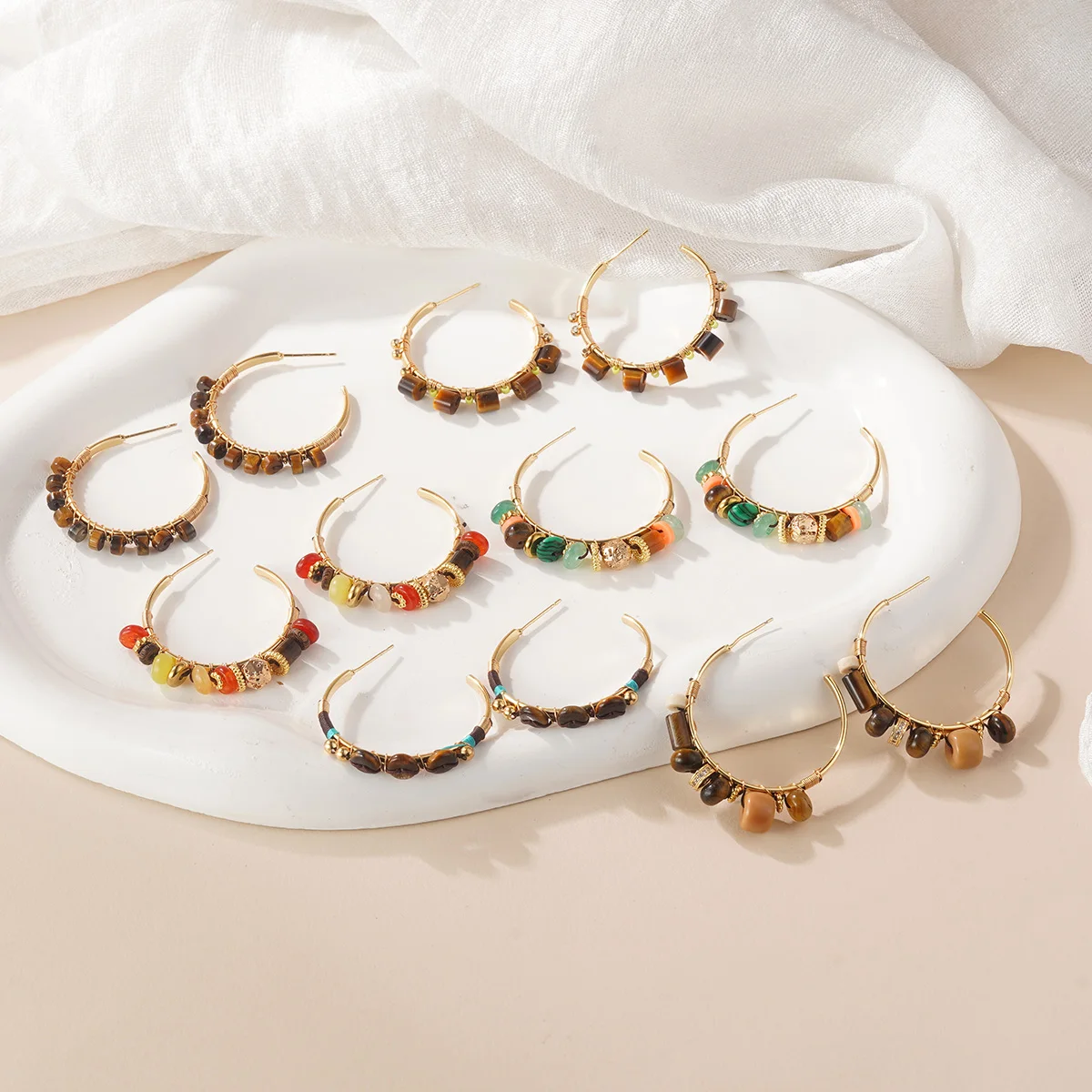 

Bohemian Natural Tiger Eye Stone Hoop Earrings for Women - Handmade 18K Gold Plated Beaded Statement Jewelry - Ethnic Gift